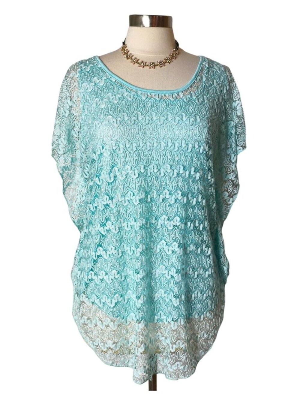 Lavish Womens XL Overlay Top Teal Lace Sheer Elegant Cottagecore Pastel Designer